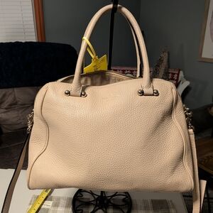 Handheld Leather Satchel Bag - Beige